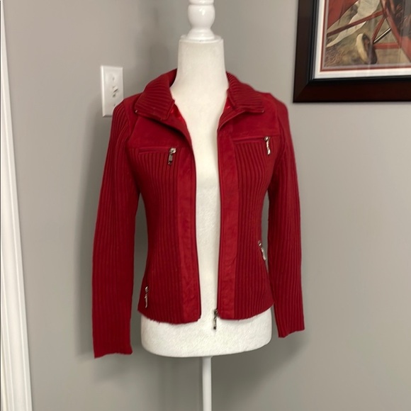 Beverly Hills Leather Club Red Zipper Sweater Small Jacket Zip Up Wool - Picture 1 of 6
